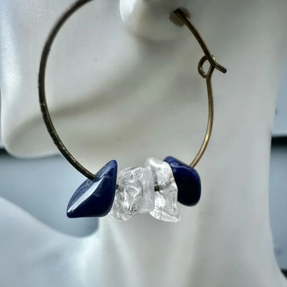 Clear quartz lapis chip hoop earrings clear quartz